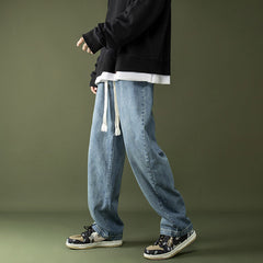 Men Jeans Spring and Autumn Straight Loose Drawstring Vintage
