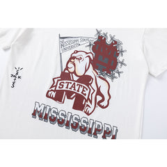 Travis Scott T Shirts x Mitchell x Ness Mississippi State Bulldogs Hand-Drawn Short Sleeve