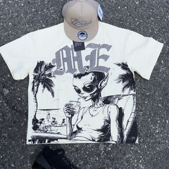 Mixed Emotion T-Shirt Alien Print Diamond Casual Loose Short Sleeve T-Shirt