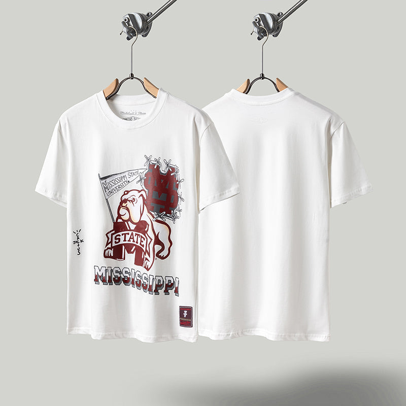Travis Scott T Shirts x Mitchell x Ness Mississippi State Bulldogs Hand-Drawn Short Sleeve