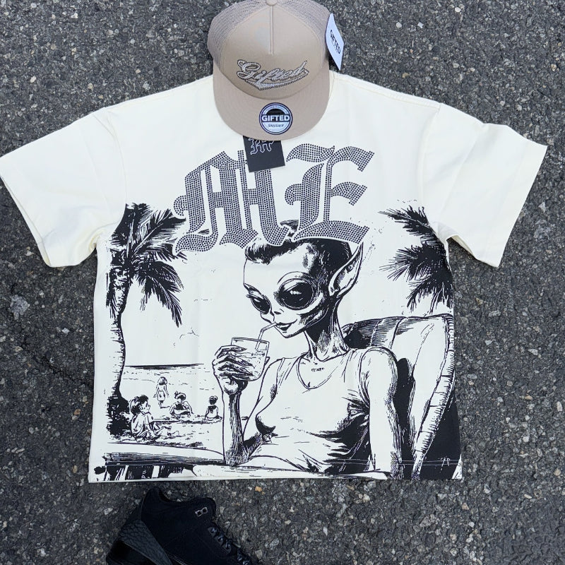 Mixed Emotion T-Shirt Alien Print Diamond Casual Loose Short Sleeve T-Shirt