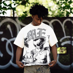 Mixed Emotion T-Shirt Alien Print Diamond Casual Loose Short Sleeve T-Shirt