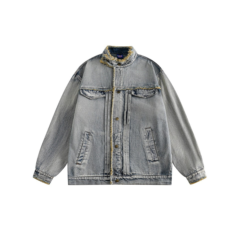 Unisex Jacket Embroidered Vintage Washed Denim Jacket Loose-Fitting Denim Clothes Jacket