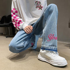 Men Jeans Embroidered Washed Distressed Loose Straight Pants Trousers