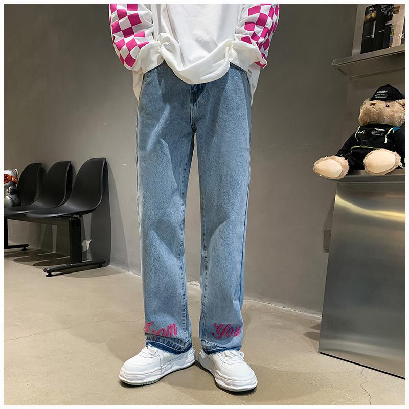 Men Jeans Embroidered Washed Distressed Loose Straight Pants Trousers