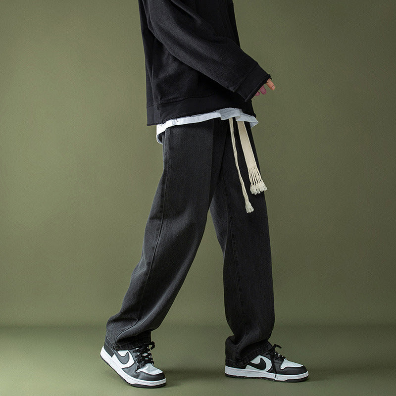 Men Jeans Spring and Autumn Straight Loose Drawstring Vintage