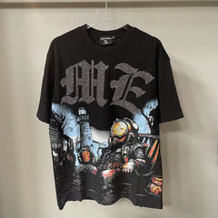 Mixed Emotion T-Shirt Alien Print Diamond Casual Loose Short Sleeve T-Shirt
