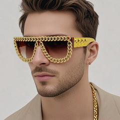 Trendy punk glasses square frame chain